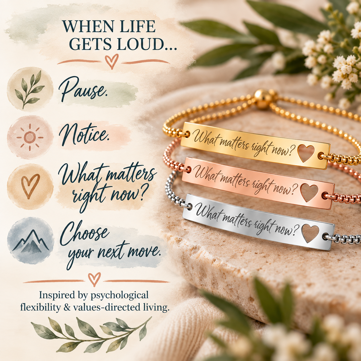 What Matters Right Now Bracelet, Mindfulness Jewelry, Values Reminder, ACT Inspired Gift, Therapist Gift, Mental Health Jewelry - Image 4